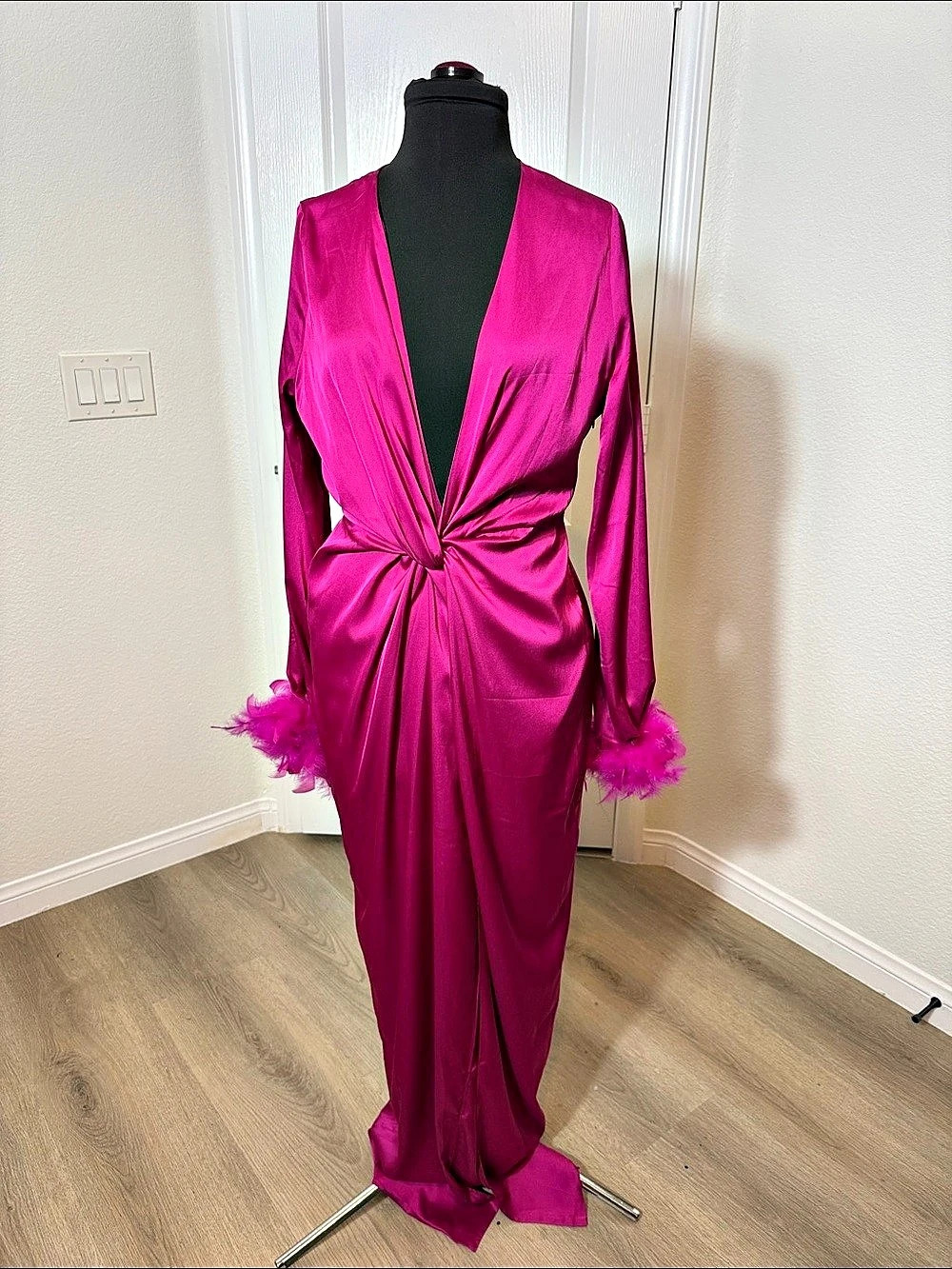 Pink Pin Up Barbie Marilyn Costume Maxi Dress with Feather Cuffs Like New
